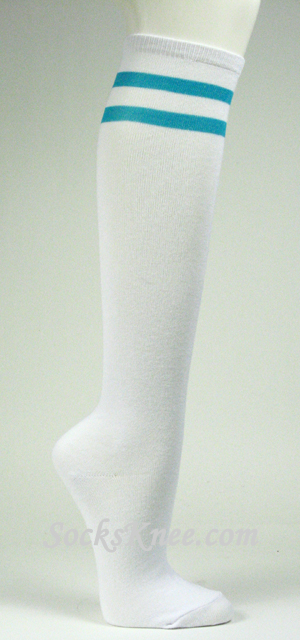 2 Turquoise Striped White Knee Socks for Women