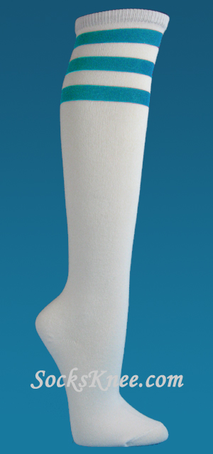 White with Turquoise Striped Quality Women's Knee High socks - Click Image to Close