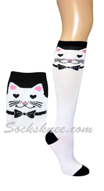 Cat with Bow Ties White Knee High Fashion Socks