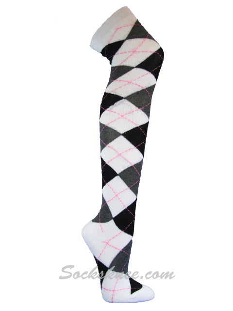 White Charcoal Black Ladies Over Knee Argyle Socks - Click Image to Close