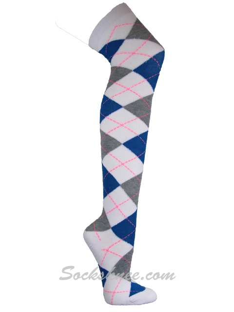 White Gray Blue Women Thigh High Argyle Socks - Click Image to Close