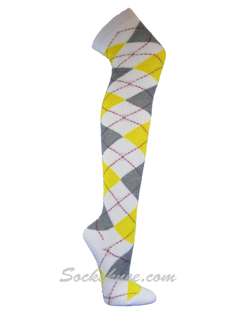 White Gray Yellow Women Over Knee Argyle Socks - Click Image to Close