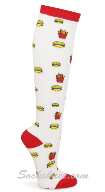 Ladies White with Burger Fries Patterned Stylish Knee High Socks