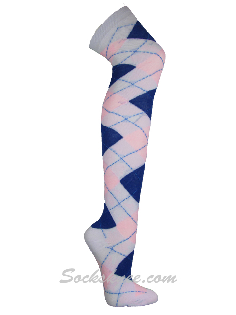 White Light Pink Blue Over Knee Thigh High Argyle Socks - Click Image to Close