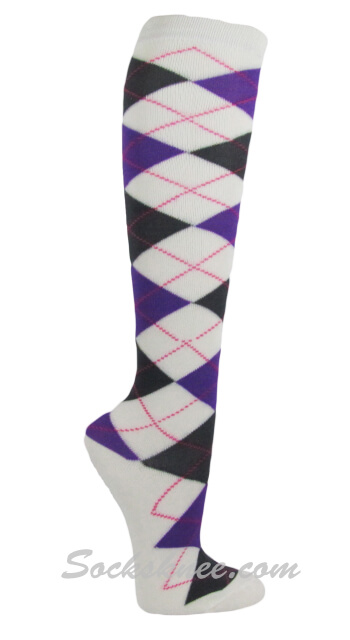 White / Purple / Dark Grey Women Argyle Knee High Socks