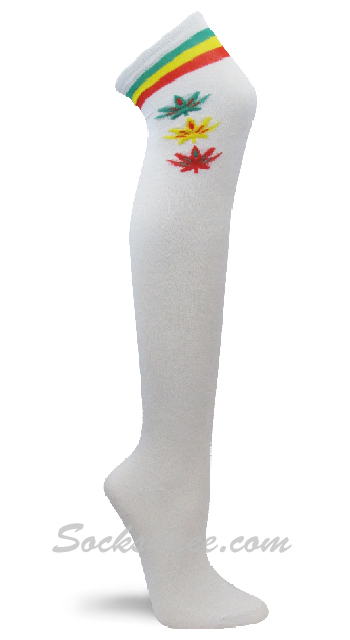White With Rasta Striped / Leaves Women Over Knee Socks - Click Image to Close