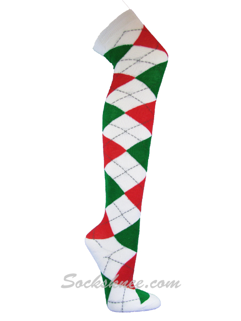 White Red Green Women Over Knee Argyle Socks - Click Image to Close