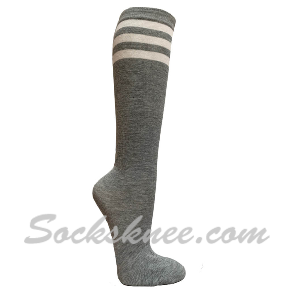 Ladies Gray with 3 White Stripes Cotton Knee High Socks