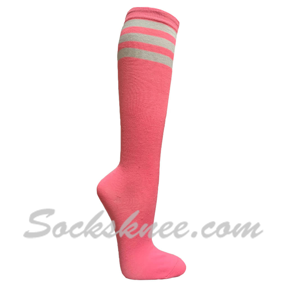 Pink with 3 White Stripes Women's Knee High Socks