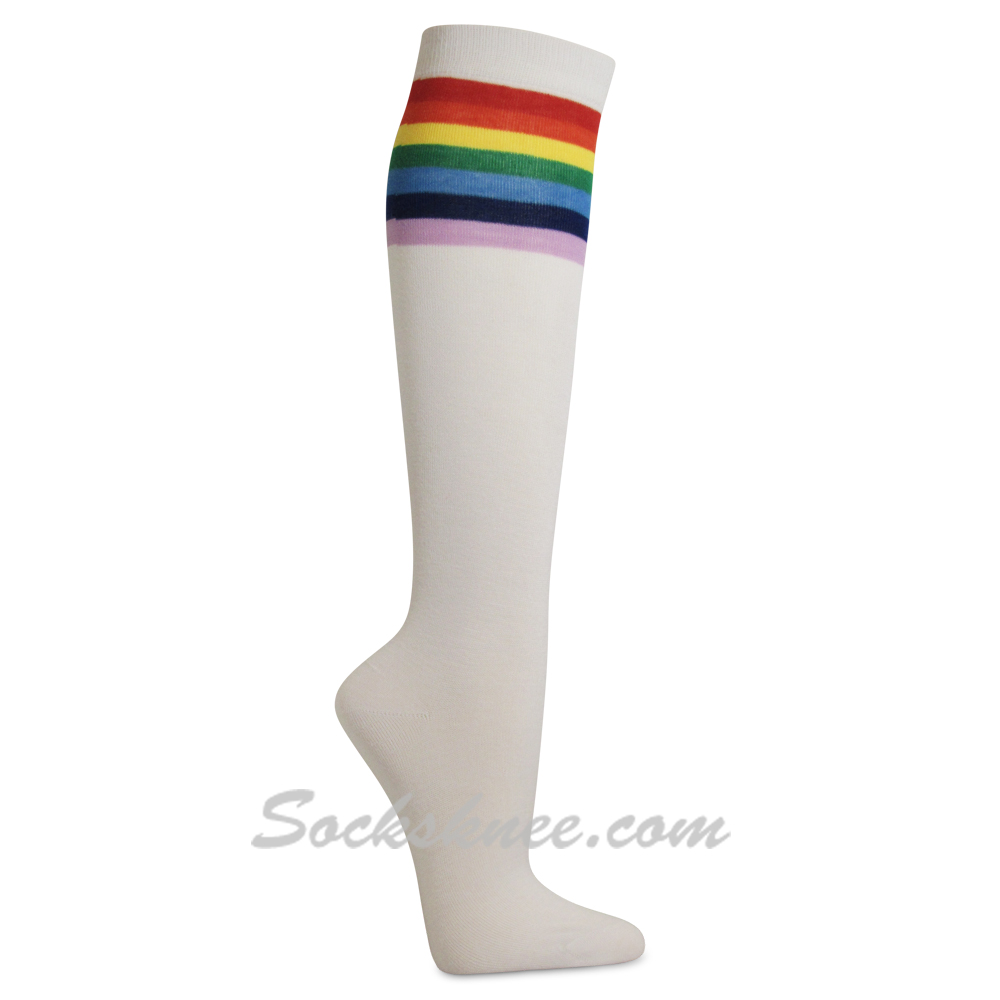 Girls Women White Knee High Socks with Rainbow Stripes