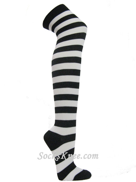 Black and white over knee wider striped socks - Click Image to Close