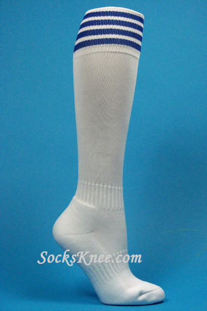 White and Blue Kid/Youth Football Sport High Socks