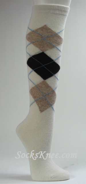 White Wool Socks for Women, Argyle Knee High