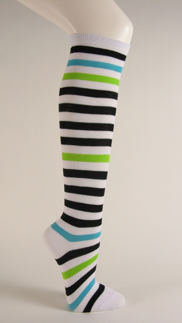 White black sky blue lime green striped knee socks
