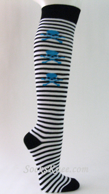 White Black Striped Knee Socks with Skeleton