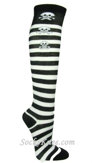 White/Black Stripes Knee High Sock with Skull and Crossbones