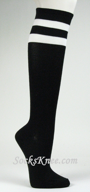 White Striped Black Knee High Socks for Women