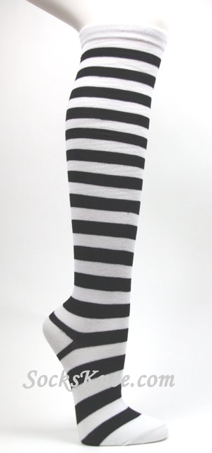 Black white stripes women's fashion high socks - Click Image to Close