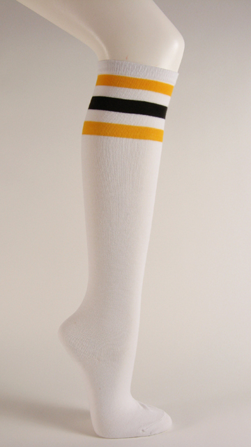 White with golden yellow brown 3line striped knee high socks - Click Image to Close