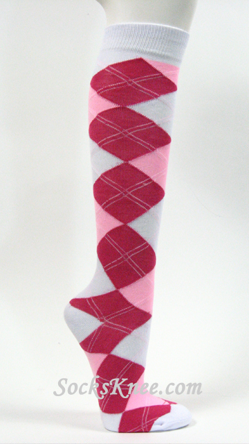 White Hot Pink Pink Argyle High Knee Socks for Women - Click Image to Close