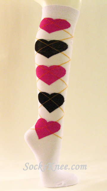White with Hot Pink & Black Hearts Knee Socks for Women
