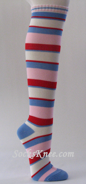 White Light Blue Pink Red Striped Knee Socks, Thick