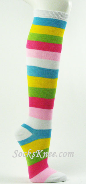 White Skyblue Yellow Lime Green Muti Color Striped Knee Socks - Click Image to Close