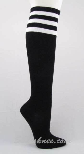 Black with white 3line striped knee high socks - Click Image to Close
