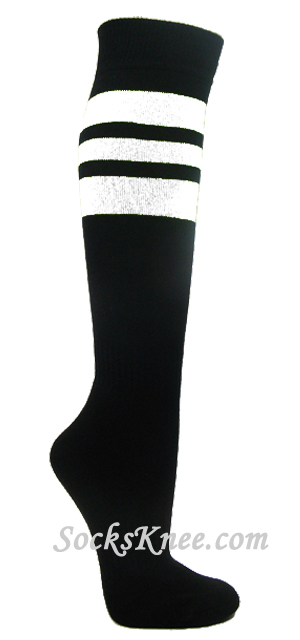 White Stripes Black Cotton Knee Socks for Sports - Click Image to Close