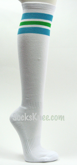 White Athletic knee sock with Light Blue & Bright Green Stripes - Click Image to Close