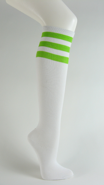 White with lime green 3line striped knee high socks - Click Image to Close