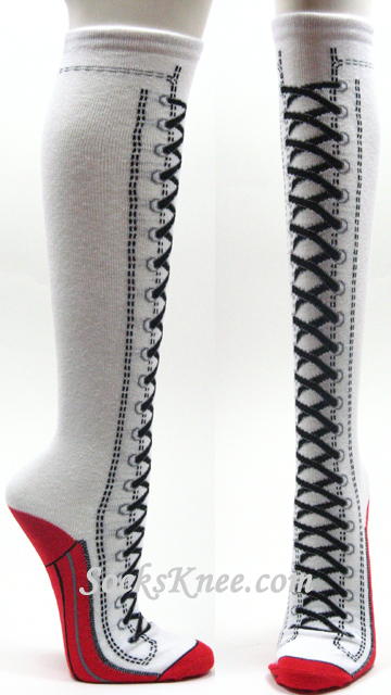 White with Red Sole Lace-up Boots design high knee socks
