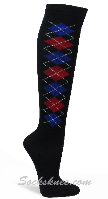 Women Blue / Red Argyle Designed Black Knee High Socks - Click Image to Close