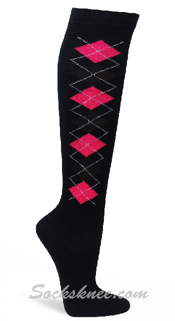 Women Hot Pink / Brown Argyle Designed Black Knee High Socks - Click Image to Close