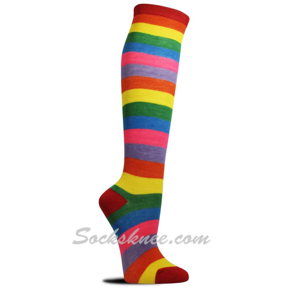 Women Ladies Rainbow Striped Knee High Socks - Click Image to Close
