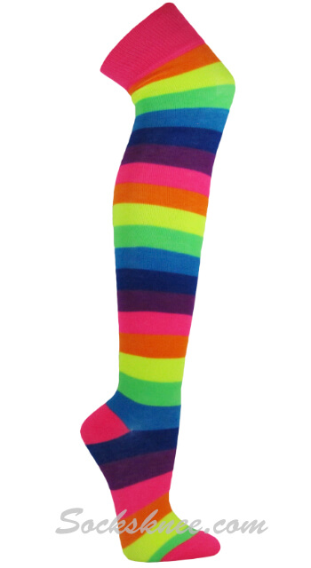 Women Neon Rainbow Striped Thigh High/Over Knee Socks - Click Image to Close