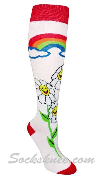Rainbow & Flower White Women Knee High Fashion Socks
