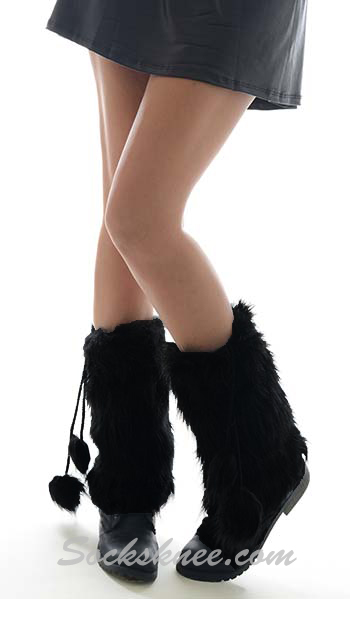 Women's Lady's Black Furry Leg Warmer With Ball Tassels