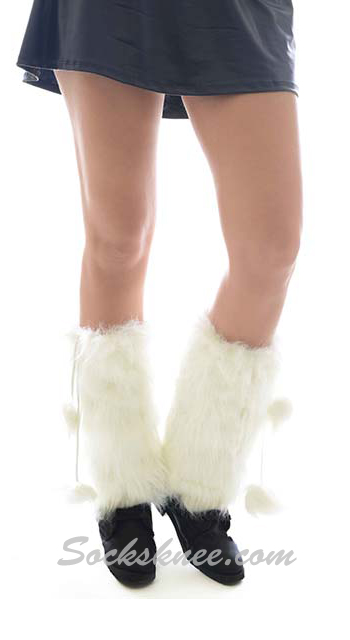Women's Lady's White Furry Leg Warmer With Ball Tassels