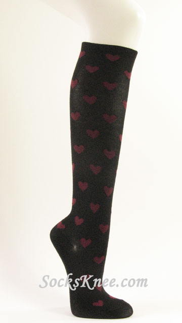 Womens Black knee high socks with Red hearts