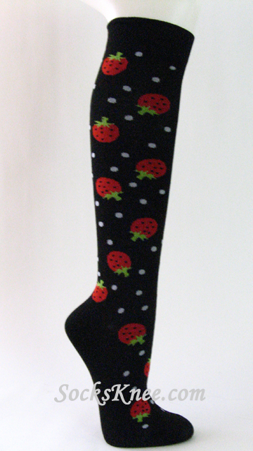Women's Black Knee Socks with Strawberries