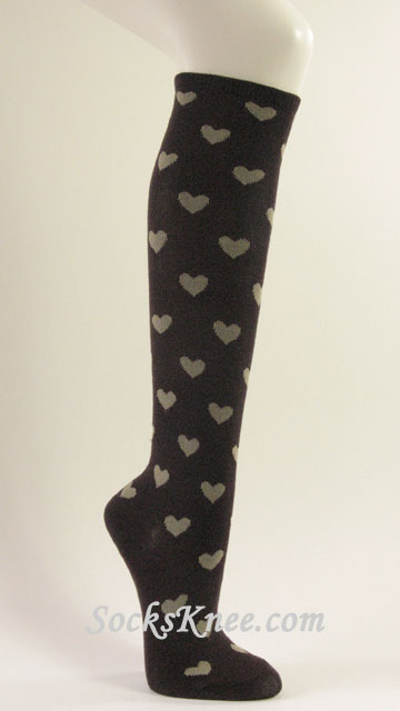Womens Brown knee high socks with Beige hearts