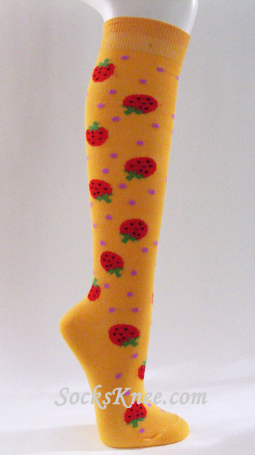 Womens Golden Yellow Knee Socks with Strawberries - Click Image to Close
