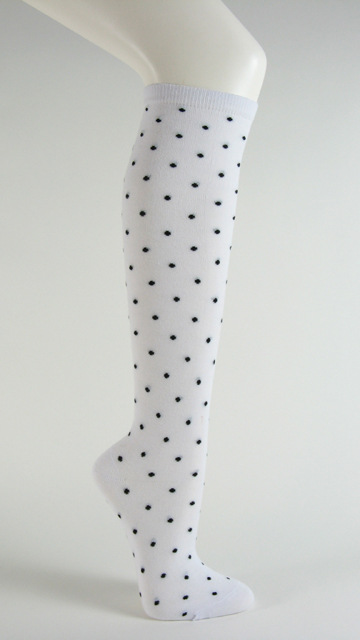 Womens knee high sock white w black polka dots