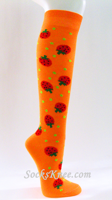 Womens Orange Knee Socks with Strawberries - Click Image to Close