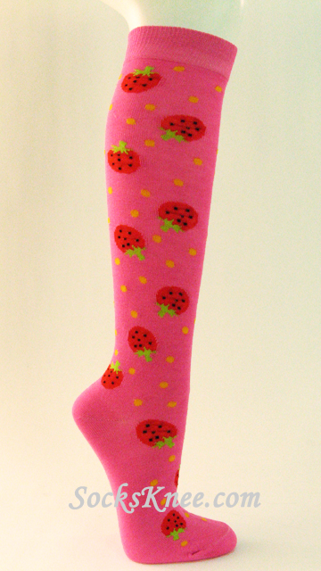 Women's Pink Knee Socks with Strawberries