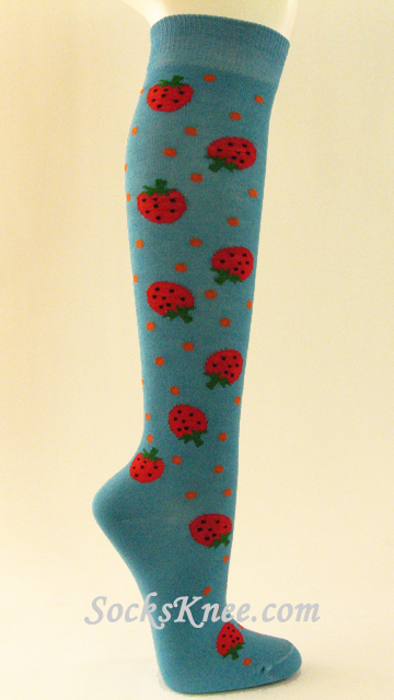 Womens Turquoise Knee Socks with Strawberries