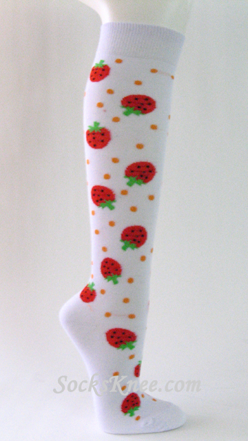 Womens White Knee Socks with Strawberries