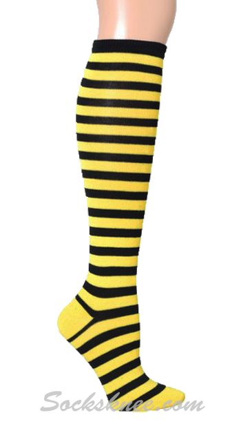 Black and Bright Yellow Mini-striped Knee Socks