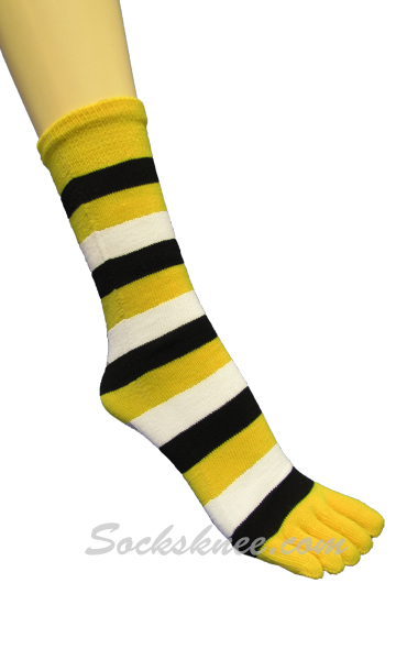 Yellow, Black, White Quarter ~ Midcalf Striped Toed Toe Socks